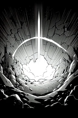 A beam shines in the middle of an immense and dark cave, greyscale