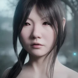 hitomi tanaka, dress white, long black hair, realistic, intriacte detail, sci-fi fantasy style, volumetric lighting, particales,highly detailed,cinamatic, deep colours,8k