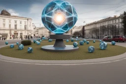 статуя на улице, Шар как атом/молекула: Сделать поверхность шара похожей на модель атома или молекулы, используя геометрические формы, светящиеся элементы или проекцию. . Для этого можно использовать различные геометрические формы, такие как круги, треугольники, шестиугольники и т. д., чтобы создать абстрактное изображение структуры атома или молекулы. Кроме того, возможно использование светящихся элементов, чтобы придать статуе особую магическую атмосферу и привлечь внимание прохожих ночью.