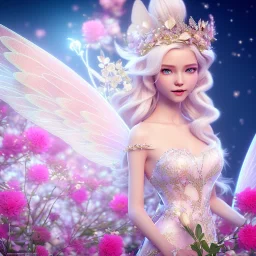 cute fantasy fairy with luminous wings, smiling, make up, long platinum blond hair with crown and flowers, pink dress, unreal engine