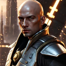 star wars bald male corellian jedi pilot wearing black and gunmetal grey old republic armored robes with gold trim, alone, battle-ready Jedi Master defending a ruined ancient city surrounded by golden light, centered head and shoulders portrait, hyperdetailed, dynamic lighting, hyperdetailed background, 8k resolution, volumetric lighting, light skin, fully symmetric details