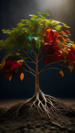 a young tree with the roots of a tree connected to the ground, the branches reaching up and sprouting vibrant colored leaves,