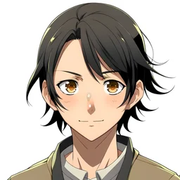 Japanese teenage boy, shoulder length black hair in a low ponytail, honey golden brown eyes, anime style, front facing, looking into the camera,