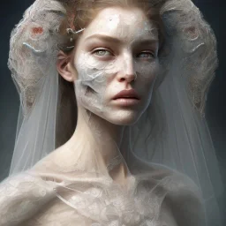 half bride's face, half male face, broken, cracked-open, fine detail, highly intricate, bridal veil, modern surrealism painting, identity crisis, high-quality, volumetric lighting, 8k, ultrahd, George Grie, Marco Escobedo, Igor Morski