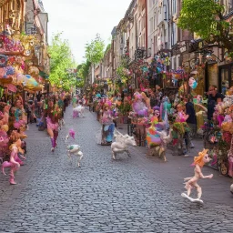 A magical street, a cobblestone street, shops and vendors on both sides of the street, unicorns on the street, little forest fairies flying, a minotaur eating ice cream, a baby gorgon playing soccer.