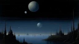 A city in moonlight with dark planets painted by Caspar David Friedrich