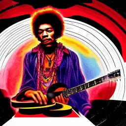 a realistic portrait of Jimi Hendrix at a turntable with headphones on being a DJ, vivid color, with sunglasses