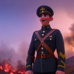 A WW1 Era Soldier looks at a battlefield that is on fire