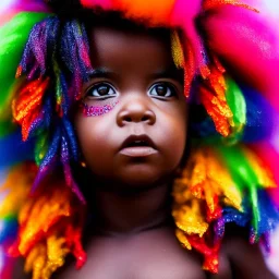 full body shot, masterpiece, best quality, child, making a fist, dark skinned, sparkling eyes, fluorescent skin, colorful makeup, afro, highly detailed body, sun light, 4K, RAW, depth of field, high contrast, realistic details, 24mm