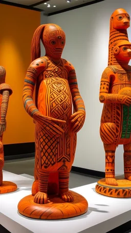 Orange color Maori sculptures designed in Navajo woven art painted by Claude Monet