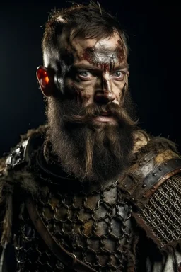 a zombie with a beard and scars, in medieval armour