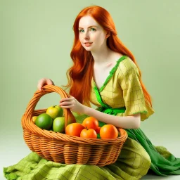 A beautiful young woman with orange hair sitting in a light green dress with a basket full of mangoes. All on a light background that can be easily removed.