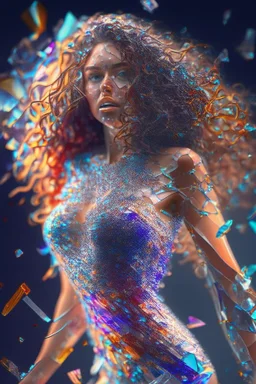 Shattered glass, insanely beautiful female with beautiful wavy hair and perfect body figure (athletic body type) wearing mini clothes intricate intricate details very attractive fantastic view 4K 3D colourful amazing light effect 4K resolution concept art acrylic colors