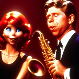 eyes closed REd-haired ron howard as richie from happy days Is playing the saxophone with his "eyes closed", rock band, saxophone lips, the fonz, looking at camera