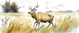 dynamic composition of an Elk off-center in a prairie field, wild grasses and bushes in corners of foreground, wildlife illustration