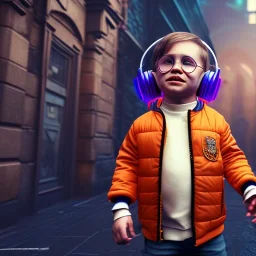 Harry Potter toddler, smile, cyberpunk headphone, sunglass, gangsta neckless, full body, orange puffer jacket, tokio background, dramatic lighting, hyper realistic, unreal engine 5, 16k