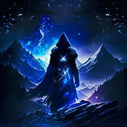 An assassin hiding the shadows, mountains, dark blue glowing light, fantasy, magic, dark, stars, sparkle