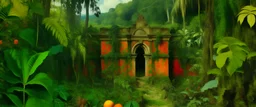 Ruins in a green jungle filled with fruit painted by Frida Kahlo