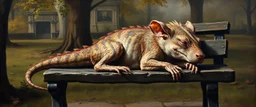 master oil painting by Rembrandt, fat old rat dragon sleeping on a bench in the park