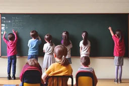 class of children's students, view from the back of the class, looking at the blackboard, real photography, reality, photojournalism