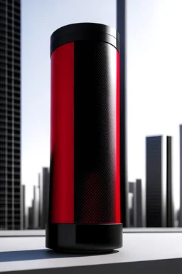 portable speaker, form inspired by merdeka 118 tower , architecture form, modern design style and black and red color