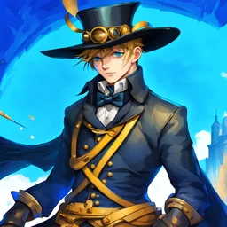 White human male with a top hat and BLUE hair on his head and blue eyes