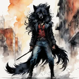 ink wash and watercolor full body concept illustration of an anthropomorphic, adventurous Black Wolf, urban guerilla girl character with wildly flowing hair, ornately dressed with highly detailed feathers and facial features in the comic book style of Bill Sienkiewicz and Jean Giraud Moebius, with a fine art aesthetic, highly detailed , boldly inked, 4k UHD cinegraphic quality