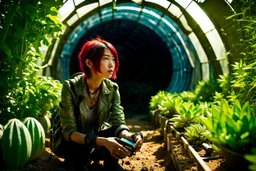 Unground solar punk tunnels, cinematic, extreme anamorphic dof, dystopian, sci-fi, award-winning, Yui working hard in a garden, National Geographic, breath taking, oxygen farm but outside is a desert, fantasy, magical