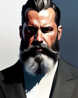 "MIddle aged white human male, with a trimmed but uneven beard, piercing eyes with slick back hair, full-scale head and shoulders portrait, 8k resolution concept art portrait by Greg Rutkowski, Artgerm, WLOP, Alphonse Mucha dynamic lighting hyperdetailed intricately detailed Splash art trending on Artstation triadic colors Unreal Engine 5 volumetric lighting Splash art fantasy"