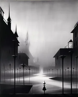 Dark street night figure fog odd Yves Tanguy spooky