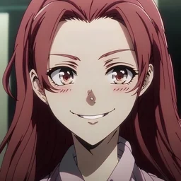 Kimetsu no yaiba screencap of a (female) (with (body description aka brown long straight loose hair, no bangs. big brown eyes and long eyelashes. With a blush on his face, smiling. Clothes in black and pink shades.screencap.