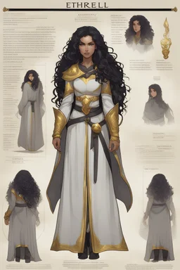 Dnd character sheet, full body. A female Moonelf twilight cleric with black curly hair and golden eyes, wearing gray robes. Etheral, muscular, beautiful