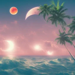 1980's vaporwave aesthetic palm trees with lightning with lunar eclipse moon crescent in the ocean waves sunset