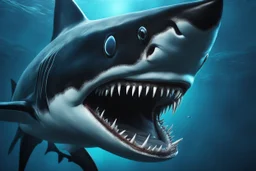 Black shark in 8k realistic animated drawing, symbiote effects, blue lights, sea, intricate details, highly detailed, high details, detailed portrait, masterpiece,ultra detailed, ultra quality