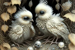 very cute insanely beautiful birds, sitting on the ground, anatomically correct, flawless, playing with flaming pearls, background delicate leaves, by Kinuko Y. Craft, H. R. Giger, Sürrealism