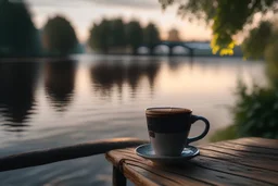 Coffee in a very nice view by the river . 8k, sony,sony 50mm 1.4, --ar 16:9