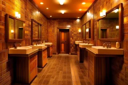 Pictures of a group of bathrooms in Mathaf Restaurant. The walls and floors are colored in brown tones