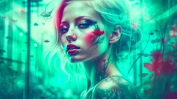 old retro photography, faded vignette, worn and cracked, double exposure, surrealism, blonde humanoid from another world, red lips, half body, greenish blue pale transparent glowing skin, plants growing out of head, tattoo, alien transparent eyes, hyperdetail, double exposure, Anna Razumovskaya, Anna Dittmann, Luis Royo, neo-impressionism, expressionism, oil painting. Vivid, detailed and textured brushstrokes reminiscent of Royo and Peter Coulson. Deep colors and dramatic lighting with cinematic