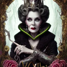 extrem tim burton style and disney style of an extrem wicked old evil stepmother, sharp focus, beautiful eyes