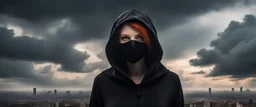 A One Redhead Woman In A Black Protective Mask Hat Dark Cap And A Hood Against A Dramatic Sky The Concept Of Impending Danger Epidemic Pandemic Apocalypse. Women only left side and the woman is only in the lower half of the picture