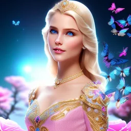 Full body Princess, woman blondie, make up, beautiful smiling face,blue eyes, beautiful place,amazing, flowers, colors, blue and pink butterfly, realistic, photo real, stars night, detailed, high contrast, 8k high definition, unreal engine 5, extremely sharp detail, light effect, light background