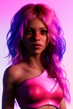 Shakira, artist, 30 years old, Realistic image, waist up portrait, etro style dress. Blonde, loose long hair, eyes make up, perfect, glow, circle iris. Neon colors, leds, geometric shapes. Dark background, photo studio, neon lights. Cyberpunk style, concept art, smooth, unreal engine 5, god lights, ray tracing, RTX, lumen lighting, ultra detail, volumetric lighting, 3d, finely drawn, high definition, 4k.