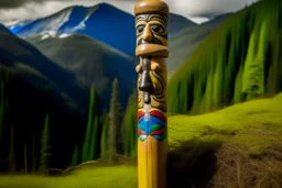 A beige mountain in the clouds with African pan flutes designed in Pacific Northwest totem poles painted by Alexej von Jawlensky