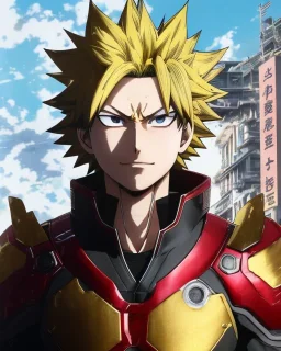 Detailed anime portrait of bakugo from my hero academia, gold hair and golden eyes, black suit, intricate details, full body portrait, keep head in frame, slight smile, black Japanese motif, concept art, highly detailed, digital painting, concept art, sharp focus, illustration, art by Yoji Shinkawa, WLOP and greg rutkowski and alphonse mucha and artgerm and yanjun Chen and Junji ito and Makoto Shinkai, HDR, octane render