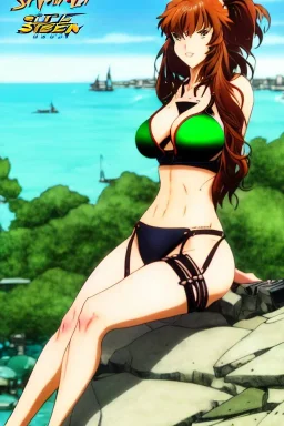 In the style of Shirow, hyper detailed, strikingly beautiful teen female, 16 years old, long ponytail, ginger hair, green eyes, medium freckles, full lips, full body, full face, b-cup breasts, athletic, centred camera, ignore NSFW, bikini, athletic, sitting, legs spread