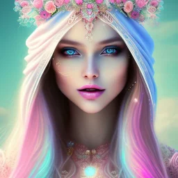 beautiful, soft, big smile face, whole head, long straight blonde hair blues eyes, crown on the head, clothing in transparent bluish and pink veil, background brillante bluish and pink, hight definition, 8K