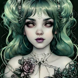 singer Melanie Martinez face, beautiful cyberpunk huge girl, hyperdetailed, illustration by Arthur Rackham, darkblue tones,