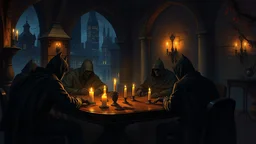 a painting of Gotham's Secret Society Meeting: A clandestine meeting in a hidden, candle-lit chamber beneath the city. Hooded figures gather around a large table, discussing their plans in hushed tones, Gotham city :: dark night, gothic architecture, noir film ambiance, modern days, autumn :: a storybook illustration by James Gilleard, accurate details, behance contest winner, 2d game art, storybook illustration, rich color palette