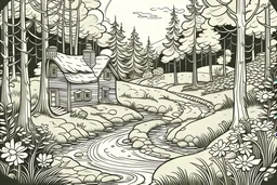 page black and white in the background colored to draw a peaceful forest scene with a winding path leading to a cozy cottage bathed in sunlight.