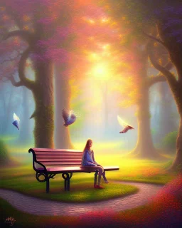 park mystical dream, park bench, man, woman, child, dog, trees, path, bird, sunshine, mystical, fantasy, romanticism, pastel colors, daylight, daytime, acrylic painting, detailed,